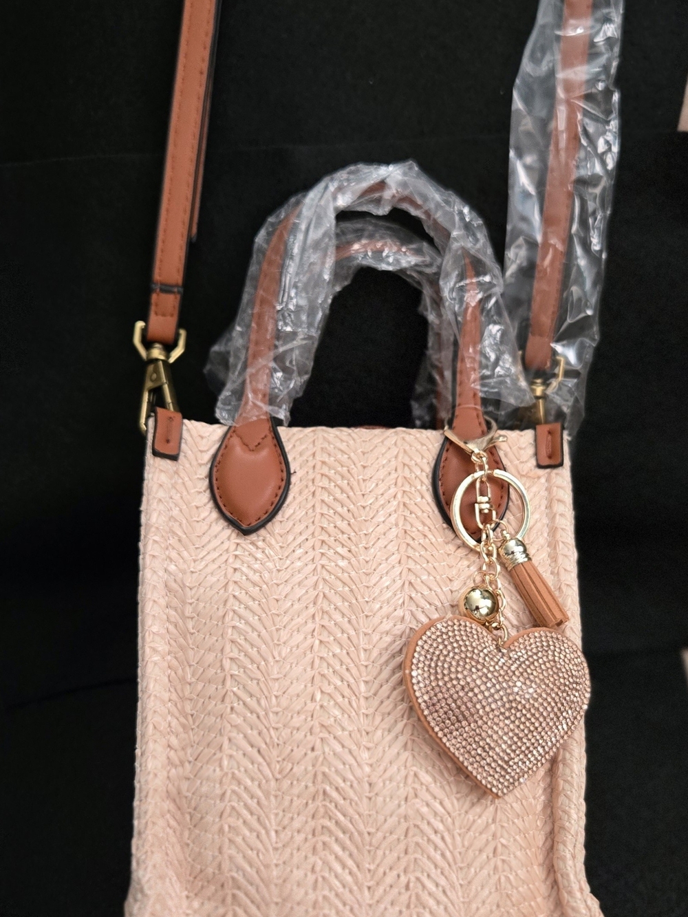 Woven Mini Tote Crossbody Bag with BONUS Bling Heart Bag Charm NWT